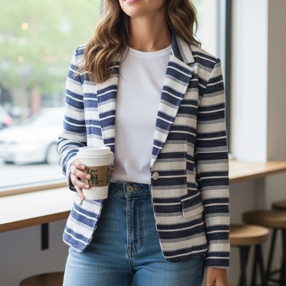 LOFT Blazer Navy White Striped Linen Blend Nautical Coastal Old Money Size 4 NEW